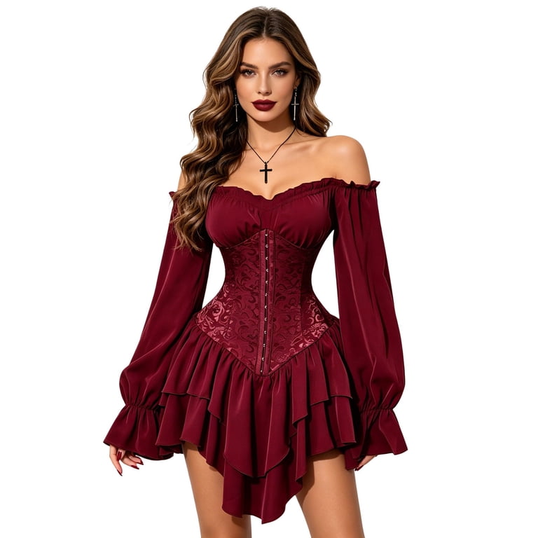 halloween fit and flare dress qolati Women Renaissance Halloween Dress Off Shoulder Bell Sleeve  Handkerchief Dress Asymmetrical Hem Flared A Line Mini Dresses Black M