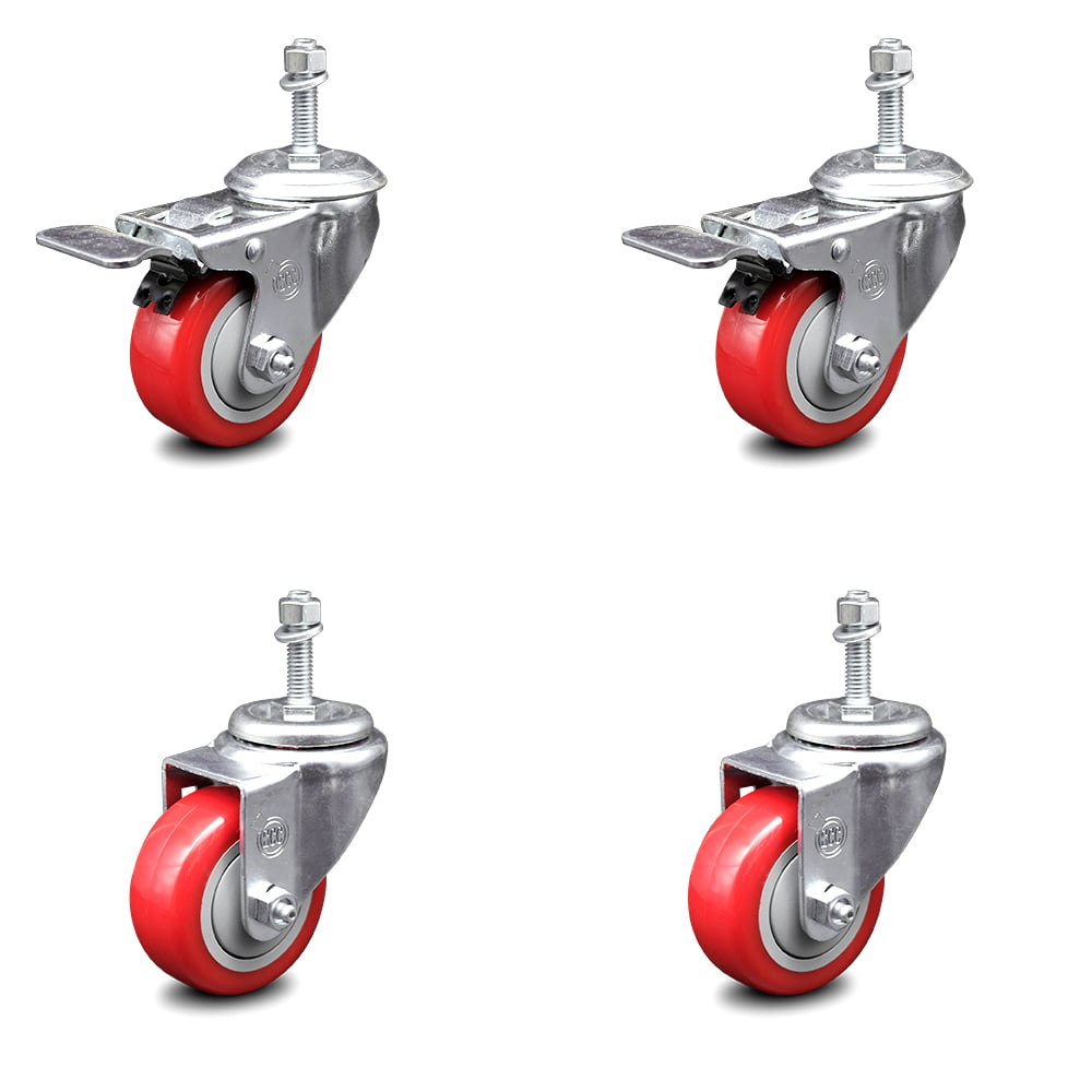 Polyurethane Swivel Threaded Stem Caster Set of 4 w/5 x 1.25 Gray Wheels and 1/2 Stems Service Caster Brand Includes 4 with Total Lock Brakes 1200 lbs Total Capacity 