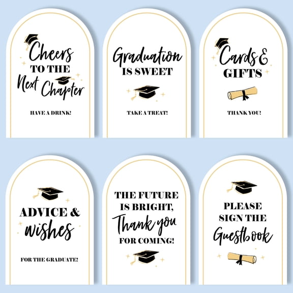 Big Dot of Happiness Black and Gold Graduation Party Signs Set, Table Sign Bundle for Food, Drinks, Cards & Gifts, Guestbook, Advice & Wishes, and Favors, Graduation Party Table Decor, 6 Ct