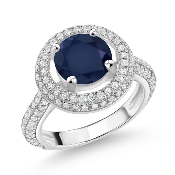 Gem Stone King 925 Sterling Silver Blue Sapphire and White Moissanite Ring for Women (3.13 Cttw, Gemstone Birthstone, Size 9)