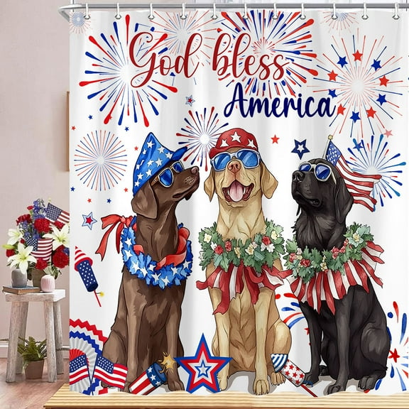 4th of July Shower Curtain Set, Funny Dog Red White and Blue Patriotic Design Shower Curtains for Bathroom Decor with Hooks for Independence,Memorial,President Bathtub Decorations 69X70IN