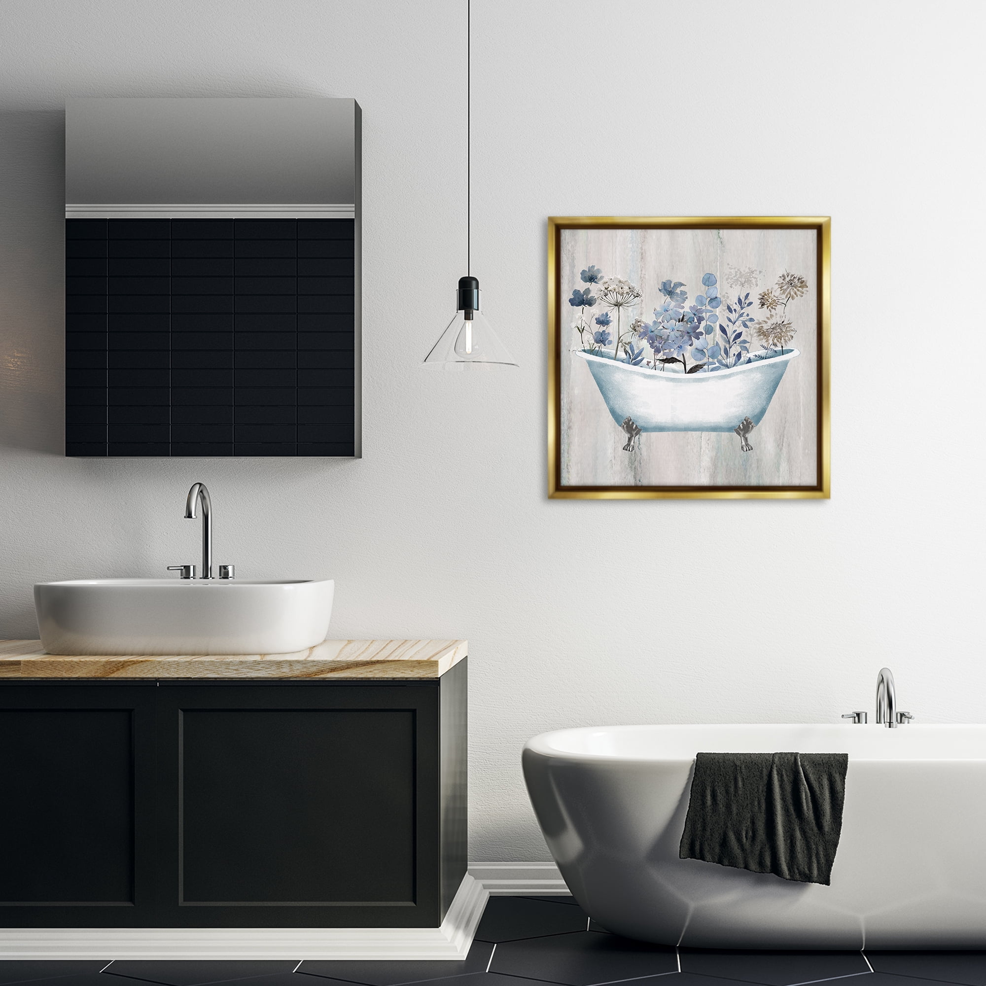 Stupell Industries Rustic Blue Floral Tub Bath & Laundry Painting Gold Floater Framed Canvas Art Print Wall Art, 25 x 25