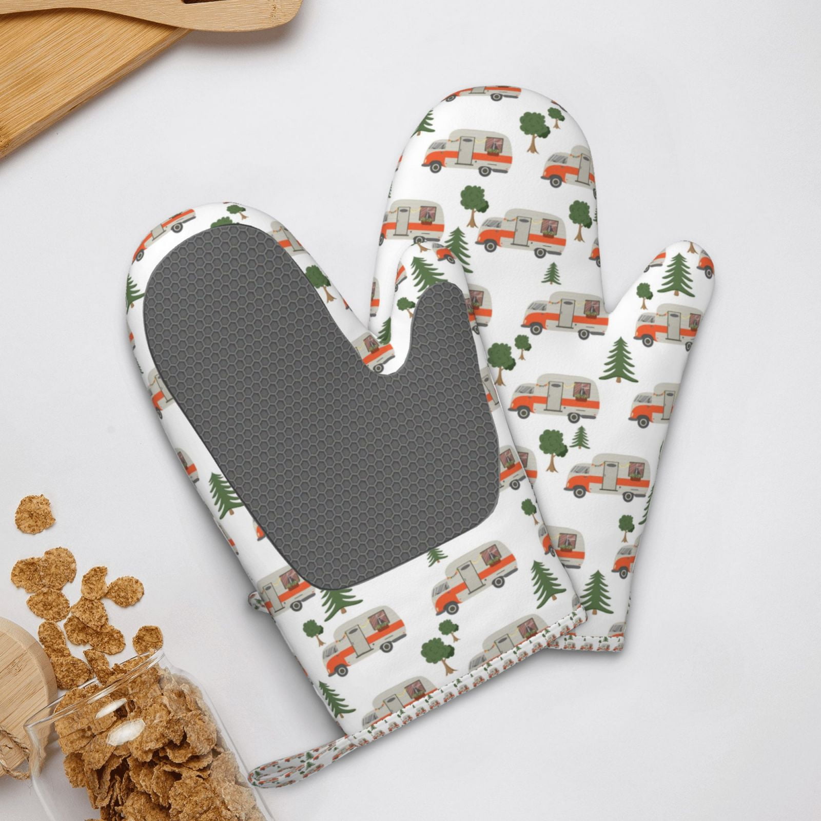 Hirioo Camp Van for Silicone Oven Mitts for BBQ, Baking, Cooking, Set of 2, Heat Resistant 260℃, Non-Slip Kitchen Essentials