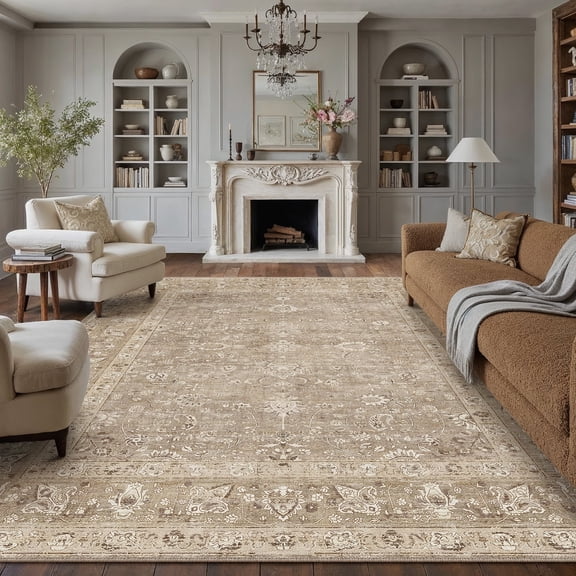 BERTHMEER 8'x10' Area Rugs for Living Room Dining Room Bedroom Farmhouse Office Distressed Vintage Washable Traditional Non Slip Rugs Carpets, Brown