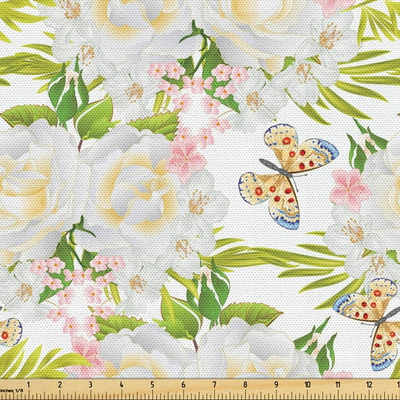 Ambesonne Spring Fabric by the Yard, Roses Butterflies Flora Plot, 1 Yard, Apple Green and Pastel Yellow