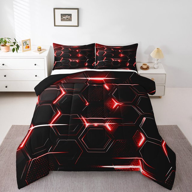 Erosebridal Futuristic Honeycomb Comforter Sets Queen Size,Geometric Hexagon Bedding Queen Comforter Set,Black Red Bedding Sets Queen with Comforter,Gradient Room Decor,Reversible,3 Pieces