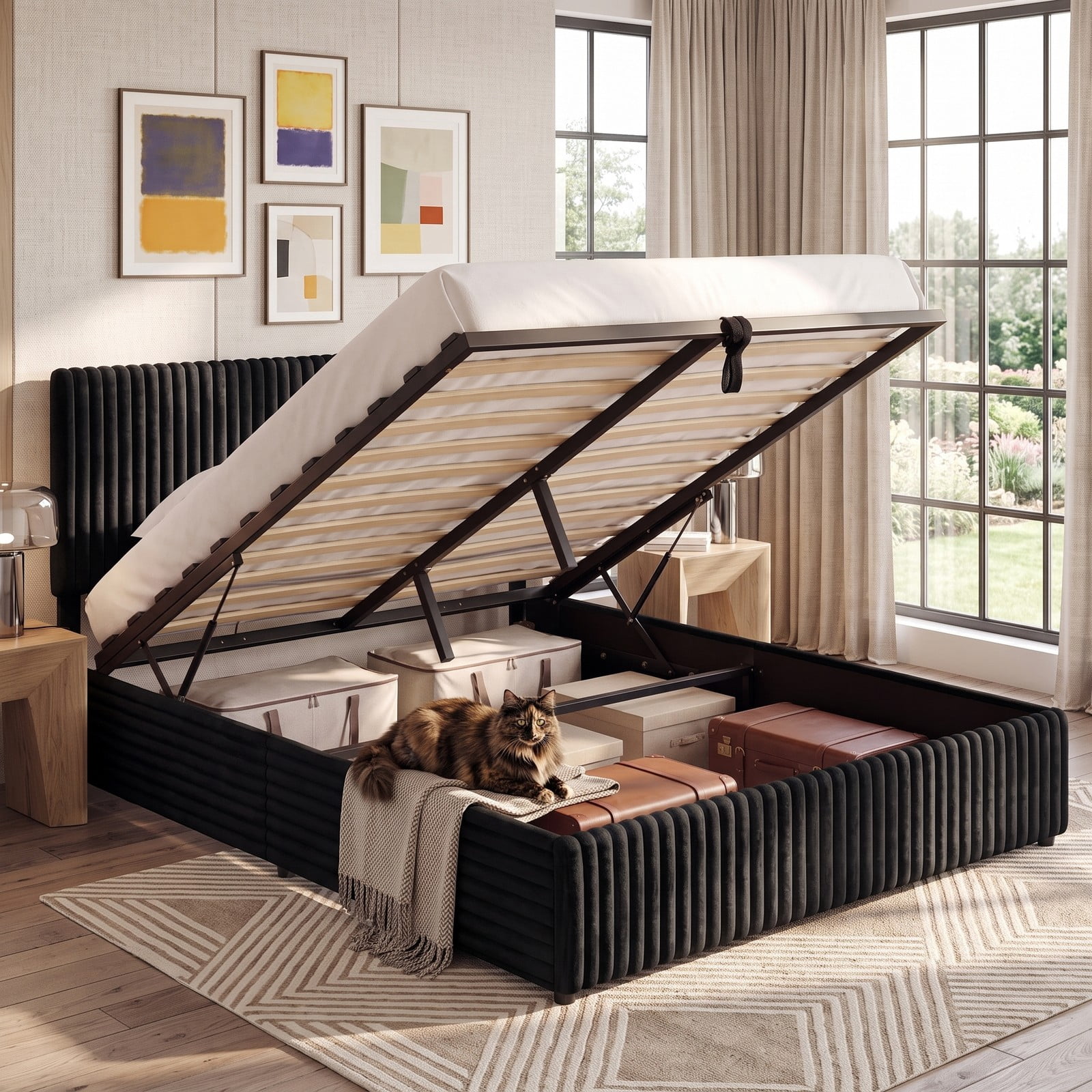 Furnibear Queen Size Lift Up Storage Bed Frame with Channel Tufted Upholstered Headboard, Platform Bed with Wooden Slat Support for Bedroom, Black