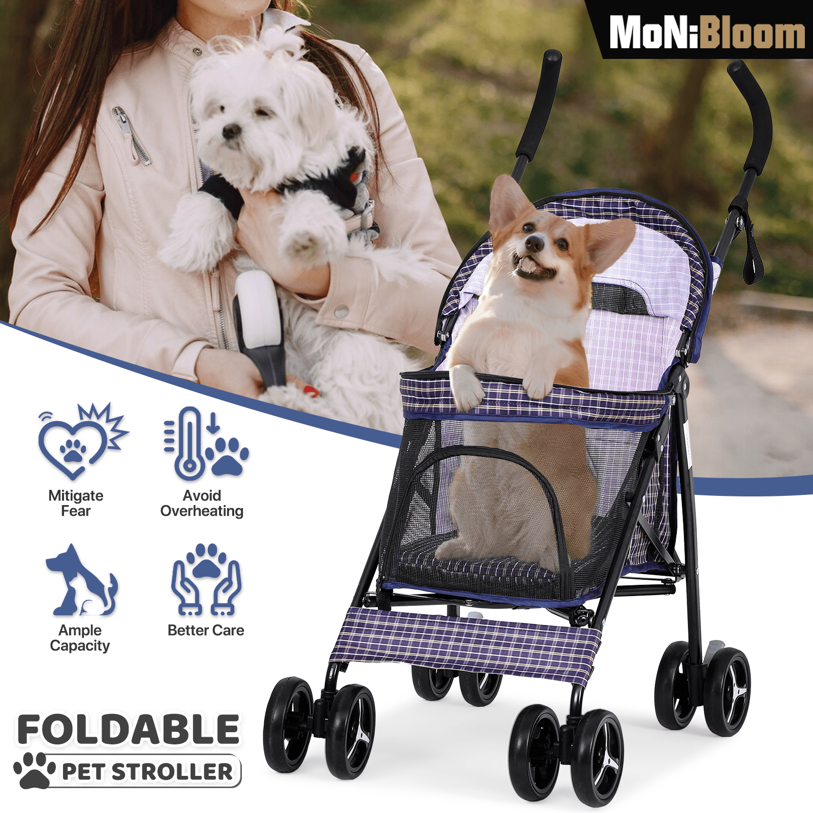 Dkelincs 2-Tier Pet Stroller for Medium Dogs, 4-Wheel Foldable