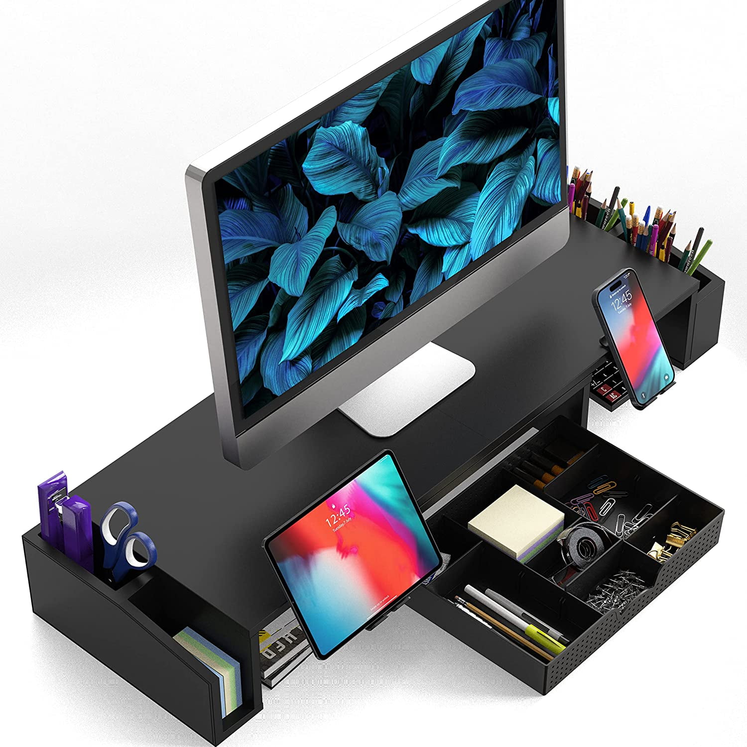 Black Dual Monitor Stand Riser with Storage Drawer
