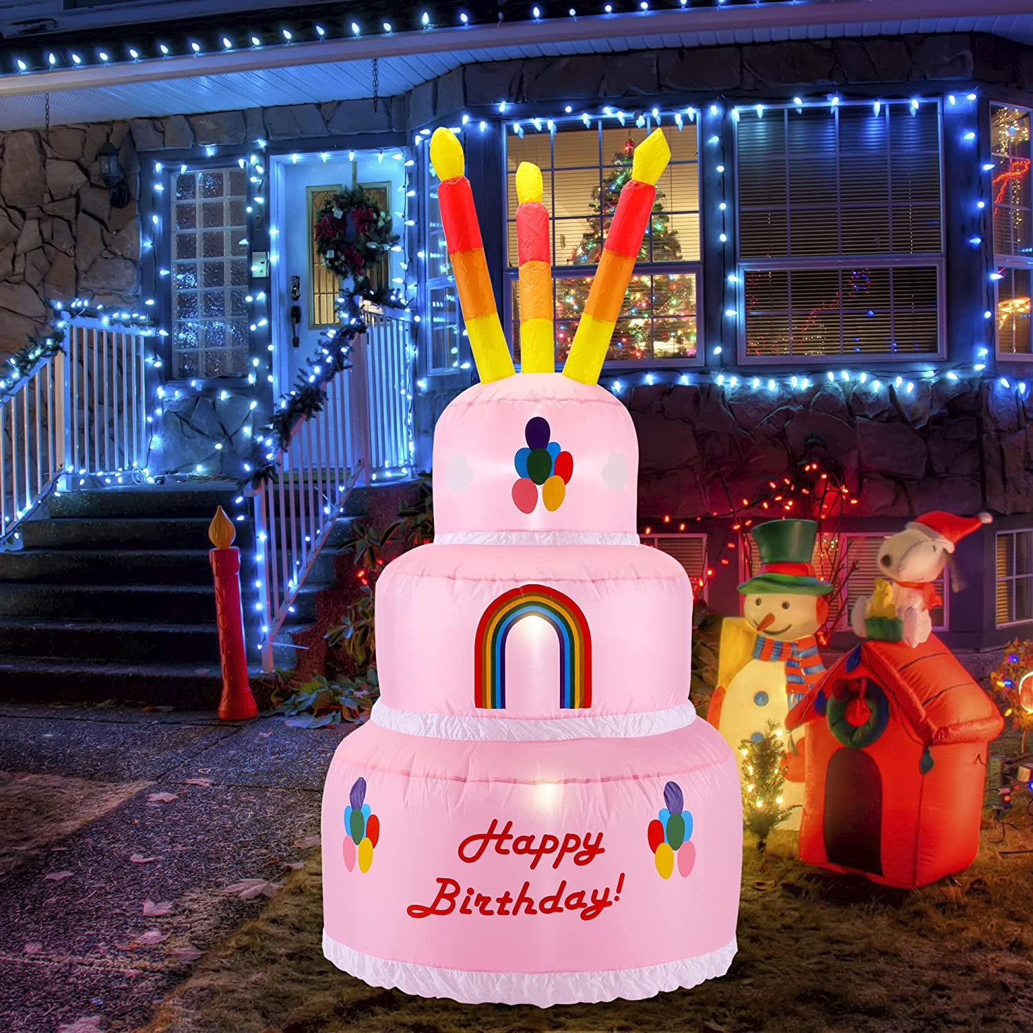 Birthday Cake Inflatable for Birthday Party with Candles Lighted , 6 Foot Inflatable Outdoor
