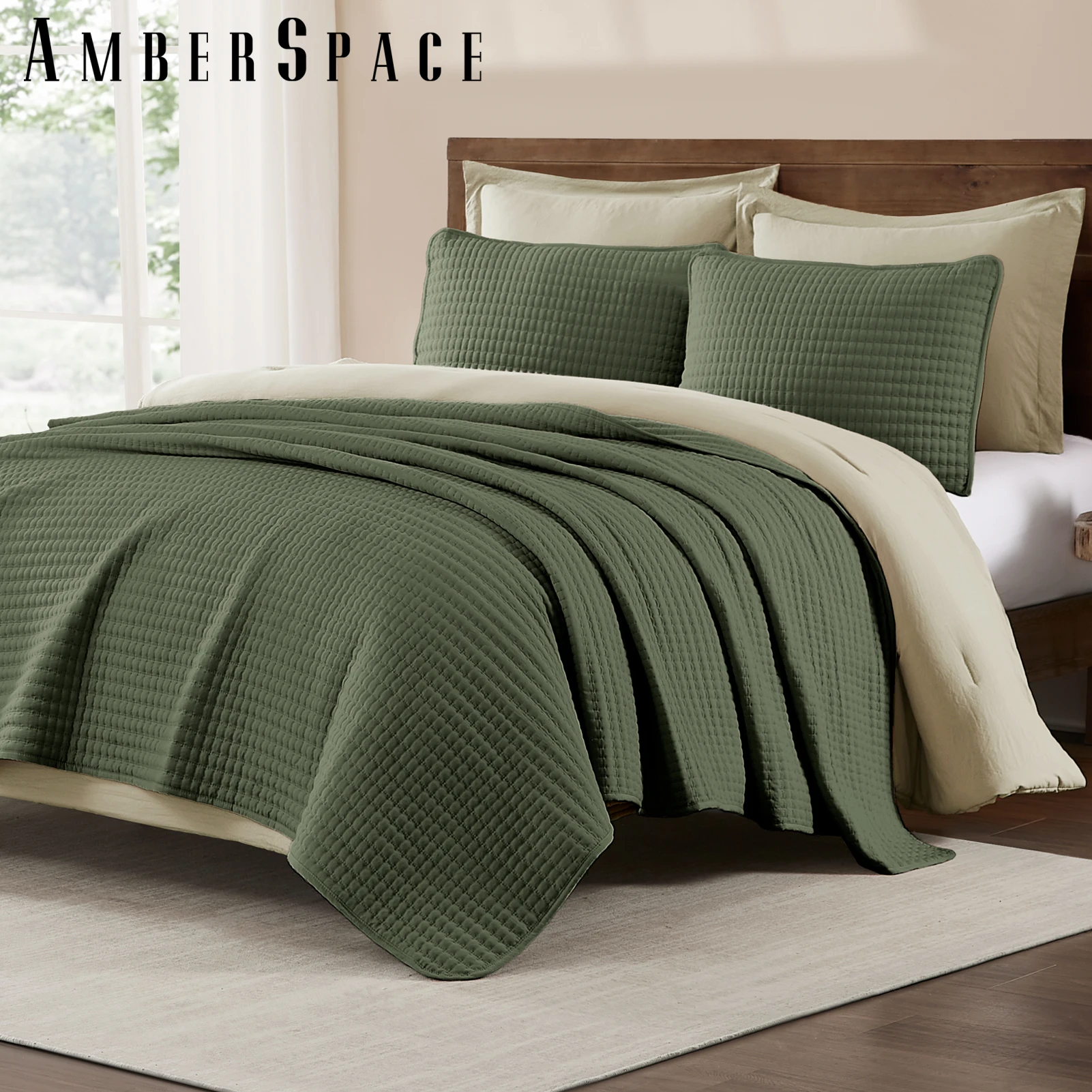 Amberspace Lightweight 2-Piece Bed in a Bag Quilt Set with Pillow Shams,Olive Green,Twin