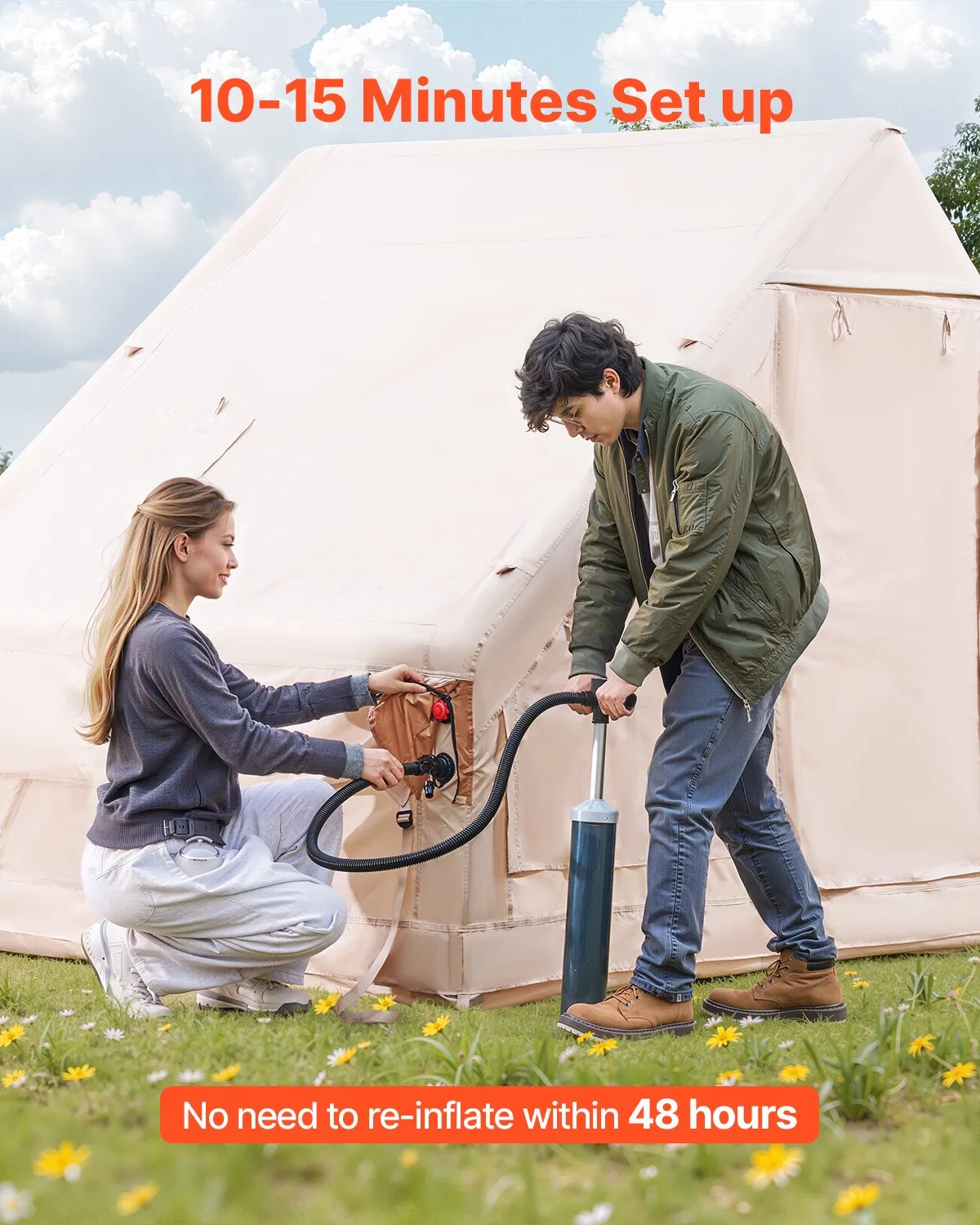 Inflatable camping tent, with manual pump, 300D Oxford fabric, with stove socket, 2 doors and 2 mesh windows, equipped with storage bag, easy to carry, suitable for outdoor camping