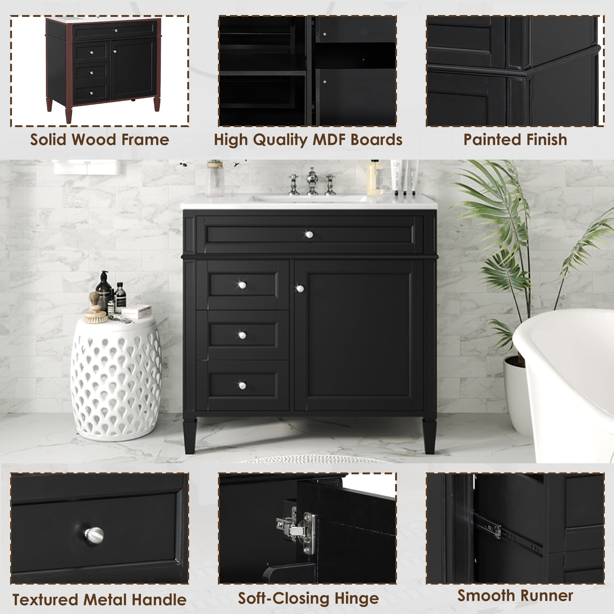 Harper & Bright Designs 36" Bathroom Single Vanity Sink Combo with Storage, Bathroom Floor Cabinet with Drawers and Doors, Black