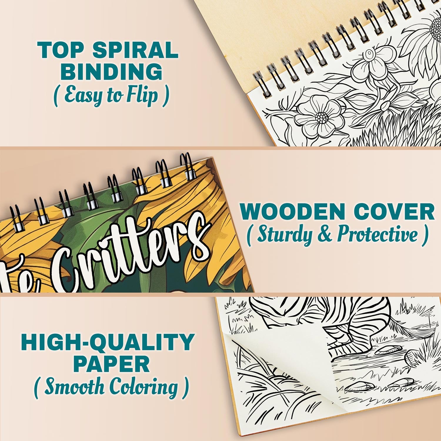 Netecom Cute Critters Coloring Book Spiral Bound for Adults, A5 Wooden Cover, 30 Cute Coloring Pages of Fluffy Animals for Stress Relief and Relaxation