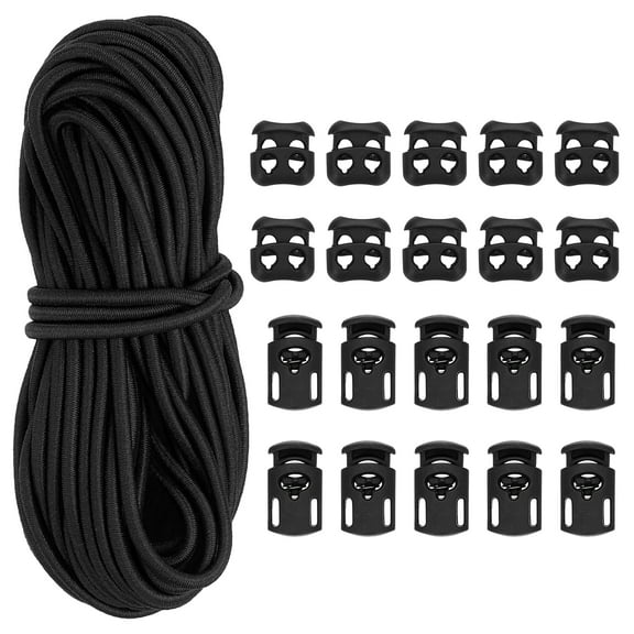 16 Yard Elastic Bungee Cord & Single Hole Cord Lock & Double Hole Spring Toggle Stopper, Black 21 Pack