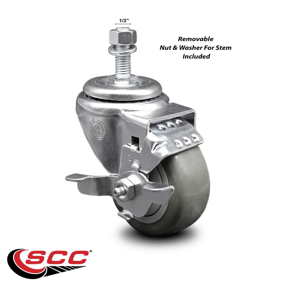 3 Inch Gray Polyurethane Wheel Swivel ½ Inch Threaded Stem Caster with Brake