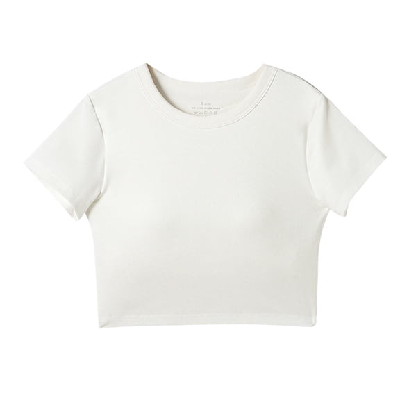 Charella Girl's Crop Tops with Built in Bra Crew Neck Short Sleeve Solid Color Tee Padded T-Shirt (19-20 Years, White)