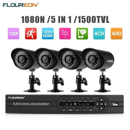 FLOUREON 4CH DVR 1080N Video Security System 4PCS 1500TVL Weatherproof FLOUREON Outdoor Cameras Surveillance Kit, Free iOS Android APP, Motion Detection Email Alert-No Hard (Best Exchange Email For Android)
