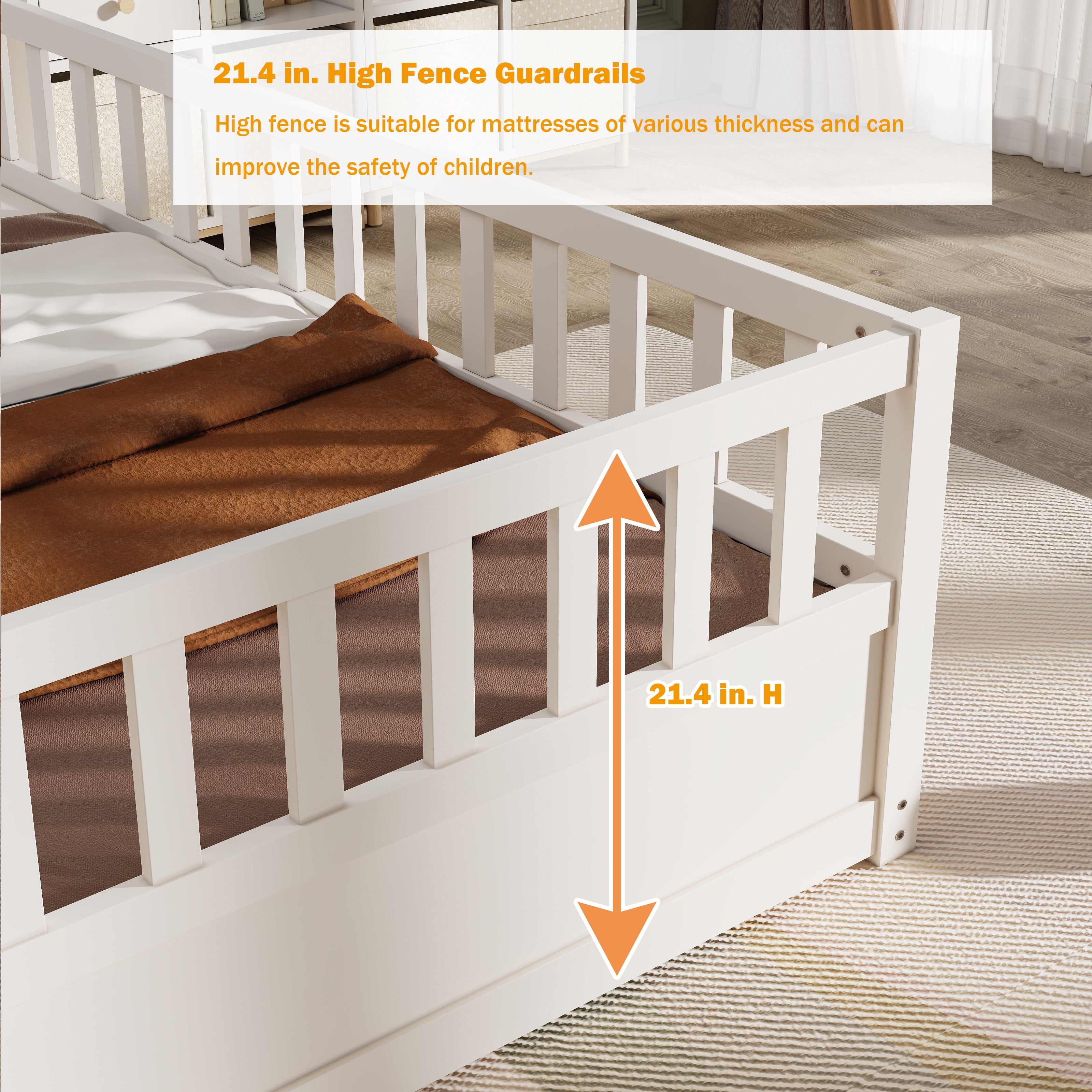 Bellemave Twin Size Floor Bed with Door and High Fence Guardrails Floor Bed without Bed Slats Wooden Floor Bed Montessori Bed Frame (Twin, White, Without Slats)