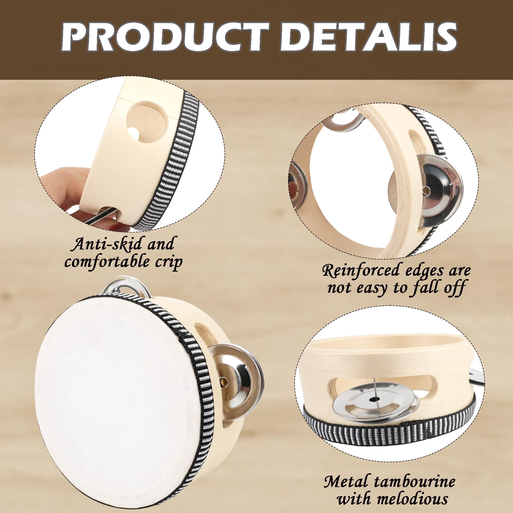 36 Pcs 4 Inch Wedding Tambourines Drum Wooden Natural Handheld Drums Metal Jingles Musical Instruments Percussion For Adult Church Party Favor