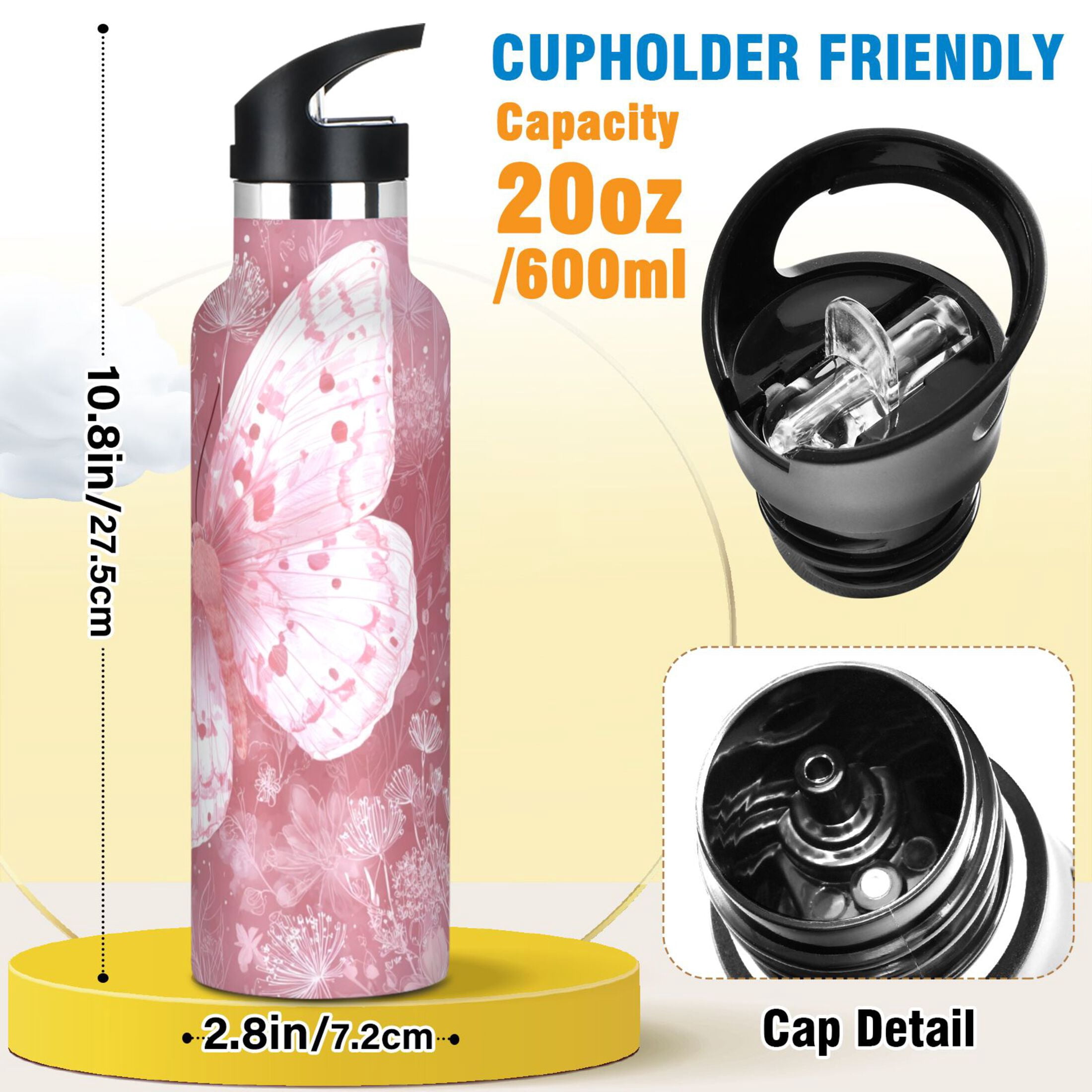 Kids Insulated Stainless Steel Sports Water Bottle 600ml (20oz) Soft Pink Butterfly
