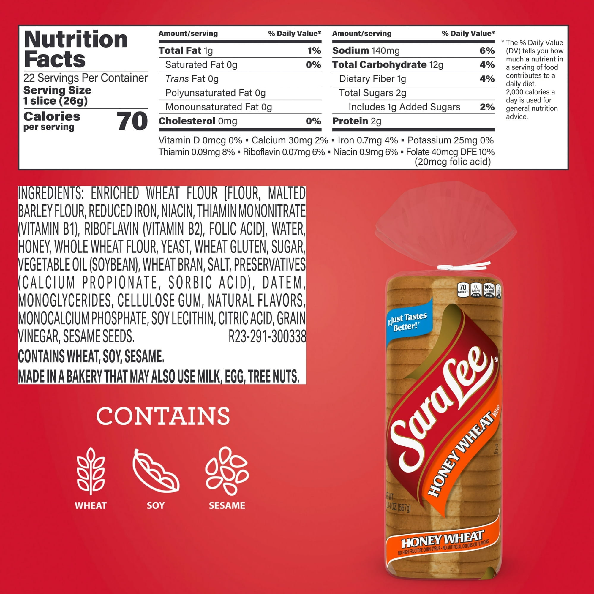 Sara Lee Honey Wheat Bread 20 oz Soft Pre-Sliced Loaf (Pack of 4)