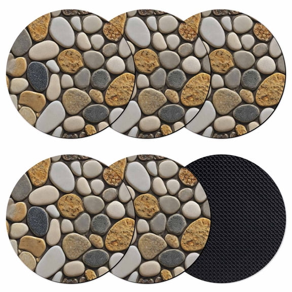Stones Coasters Set of 6, Absorbent Coasters for Drinks, Gravel Rock Cobblestone Natural Pattern Art Coaster for Desk Coffee Table Protection, Home Decor House Warming Gifts 4"