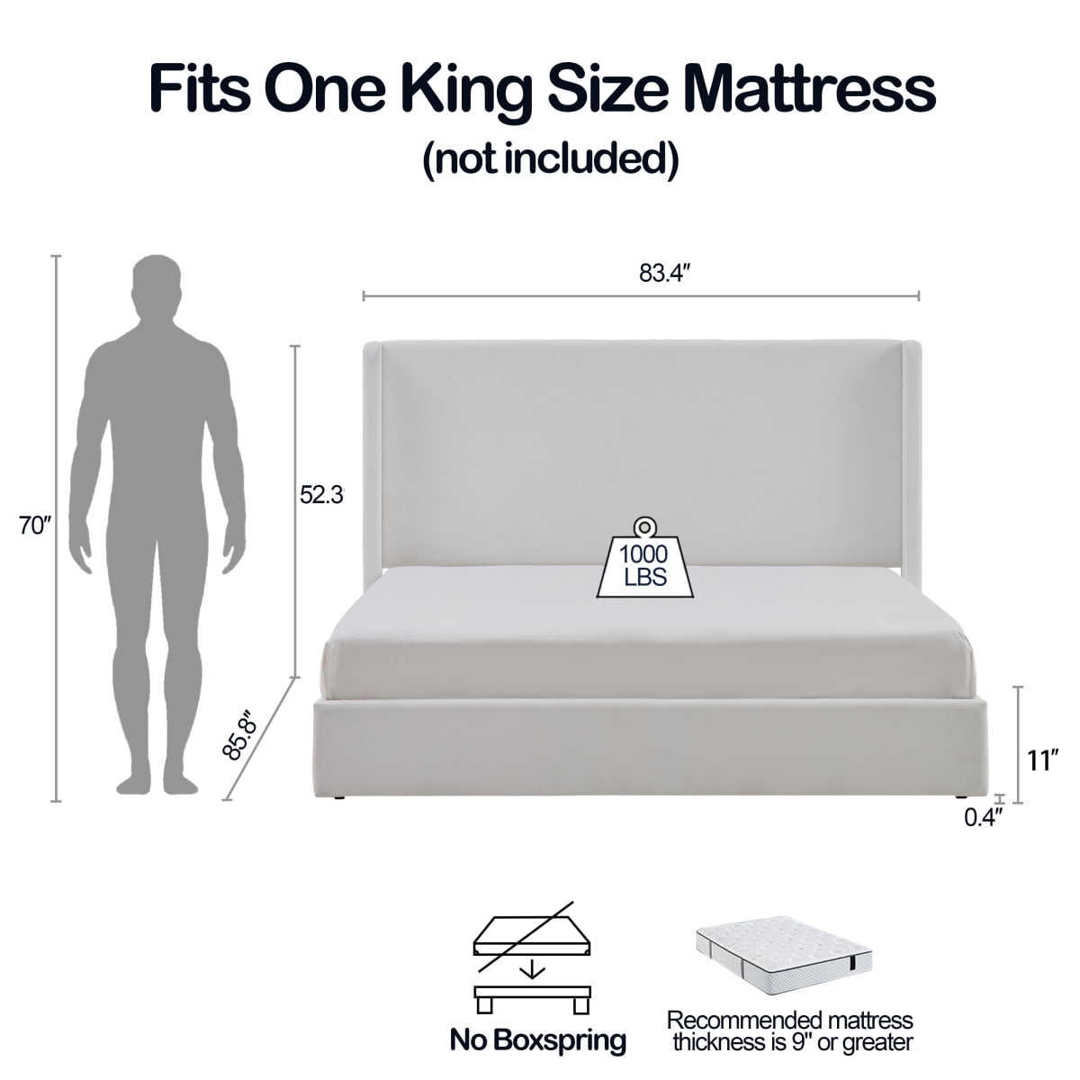 Luckynote Upholstered Wingback Platform Bed, King Frame with 52.3" Headboard, No Box Spring Needed, Minimalist Quiet Micro Suede Design for Master Bedroom, Coconut