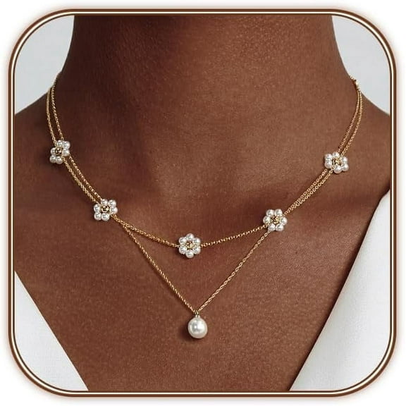 Gold Pearl Necklaces Set for Women 14K Gold Plated Dainty Layered Pearl Cute Daisy Pearl Choker Gold Necklace Gifts for Women Gold Trendy Jewelry Gifts