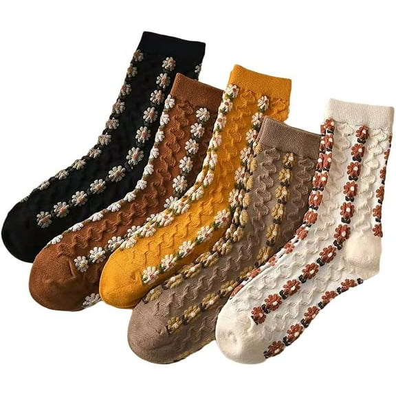 CoCozhu Vintage Floral Patterned Socks For Women, Combed Cotton Crew Socks with Cute Flowers