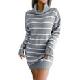 thumbnail image 1 of hirigin Women Knit Dress, Long Sleeve Turtleneck Striped Mini Sweater Dress for Casual Daily, 1 of 7