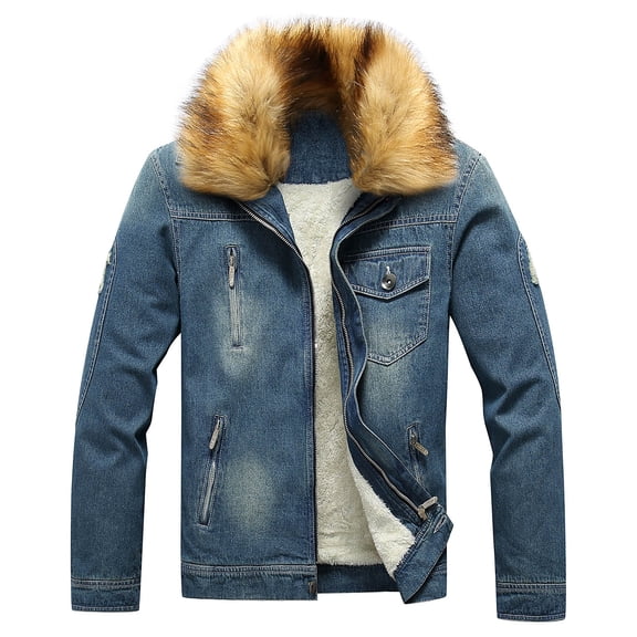 Fgnfyis Men's Jacket Autumn Winter Coat Fashion Denim Solid Color Lapels Plus Velvet Thicken Top Warm Zipper Retro Mens Winter Coat Blue XXL