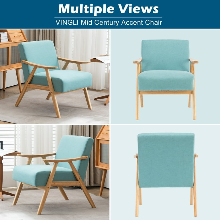 VINGLI Light Blue Mid Century Accent Chair Wooden Armchair Modern Upholstered Lounge Chair for Living Room Bedroom