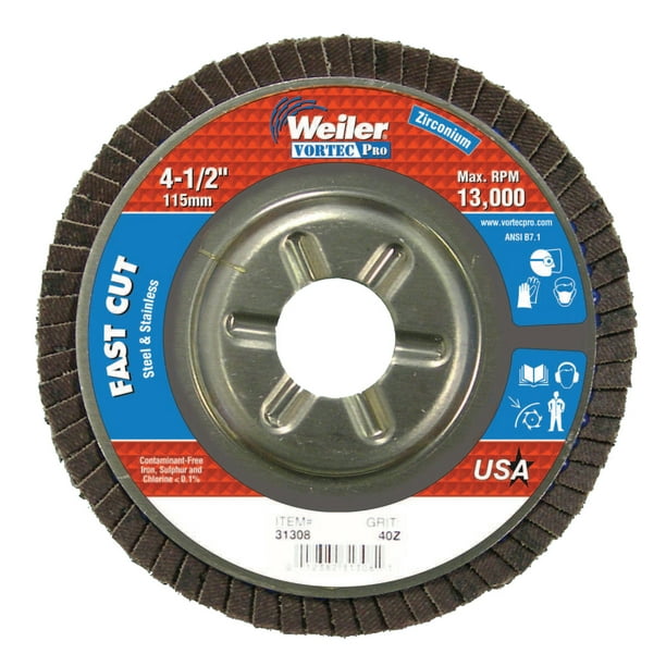 Weiler Vortec Pro Abrasive Flap Discs,4.5", 40 Grit, 7/8 Arbor, 13,000