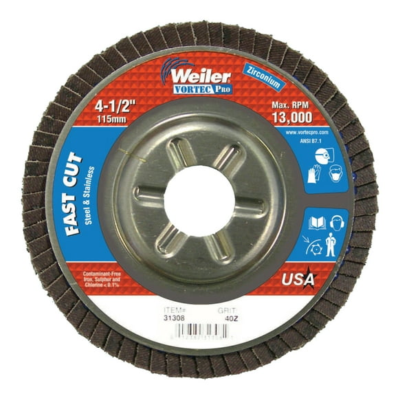 Weiler Vortec Pro Abrasive Flap Discs,4.5", 40 Grit, 7/8 Arbor, 13,000 rpm, Alum Back
