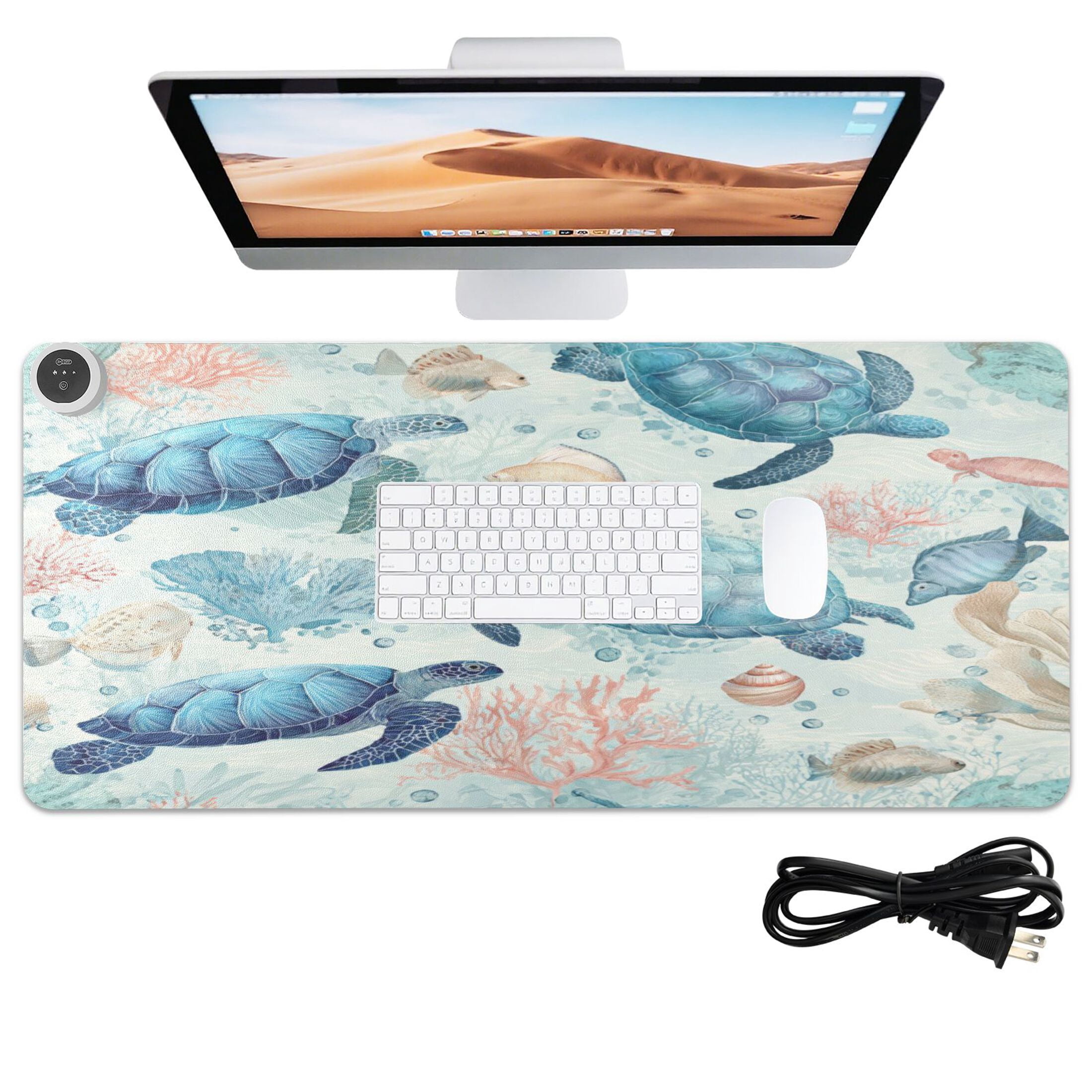 Large Heated Desk Mat Mouse Pad 31.5"x13"PU Leather Graphene Heating Desk Warmer with 3 Temperature Settings 110V US Plug Non-Slip Warm Pad for Home, Office, and Gaming Deep Green Sea Turtles