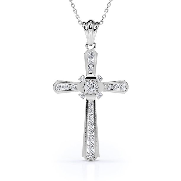 Collar con Colgante de Cruz de Canal JeenMata con Diamantes Redondos de 0,25 TCW y 4 Corazones en Baño de Oro Blanco de 18 K sobre Plata