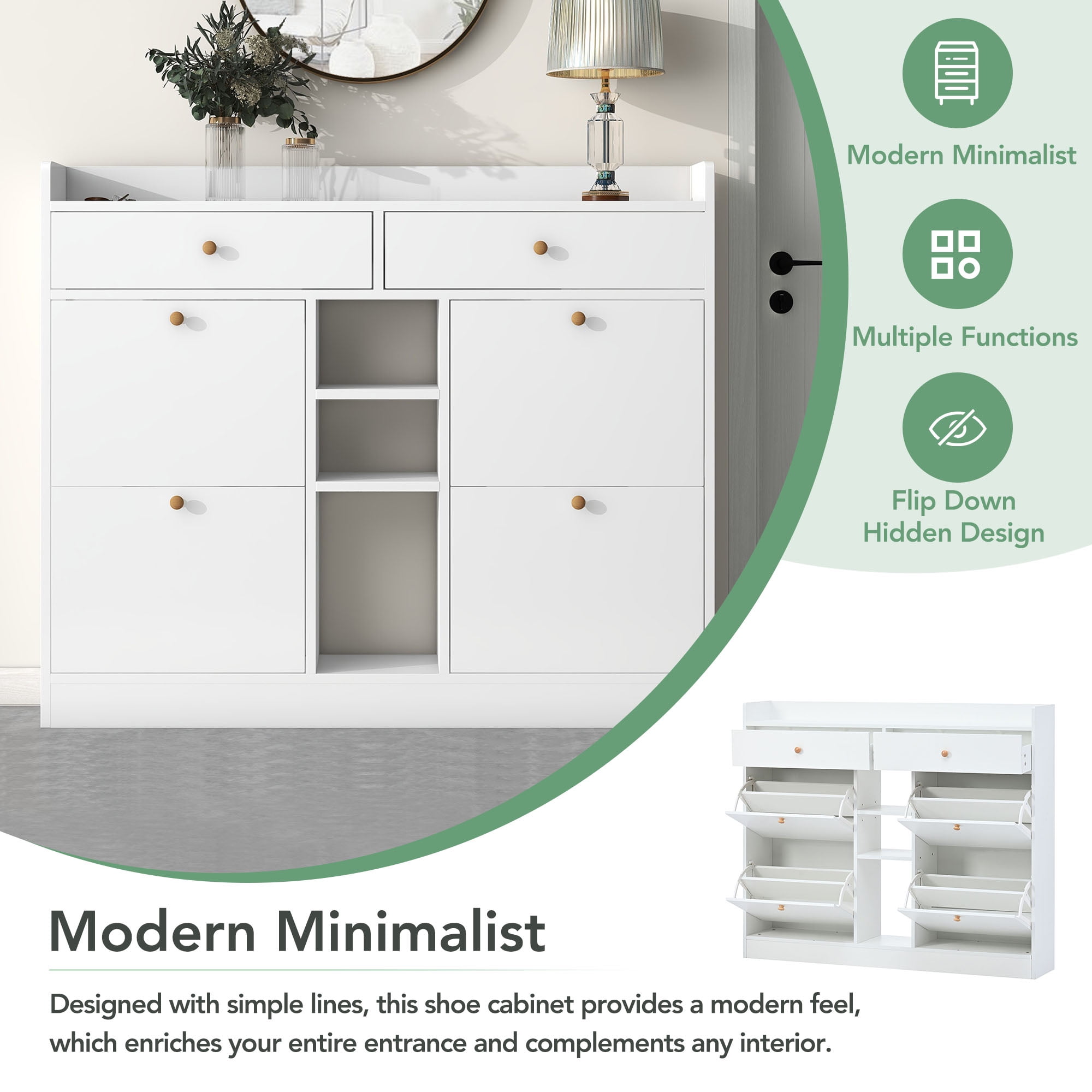 Aukfa Modern 4 Flip Drawers Shoe Cabinet for Entryway Free Standing Shoe Organizer - White