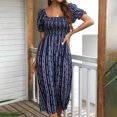 thumbnail image 2 of Women's Summer Midi Dress Stripes Short Puff Sleeve Square Neck Shirred Bust Top Skater Dresses Side Slit High Waist A Line Fit and Flare Sundress Casual Beach Navy Blue Large, 2 of 5