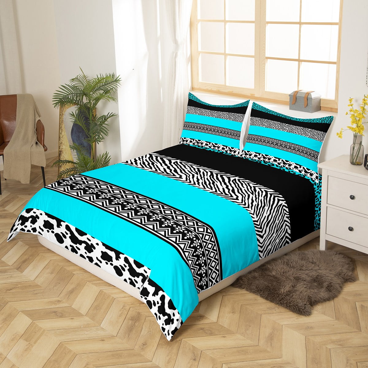 Yst Cow Print Duvet Cover King Tribal Geometry Aztec Bedding Set For Women Men Boys Girls teal Stripe Patchwork Comforter Cover Wild Animal Skin Bed S