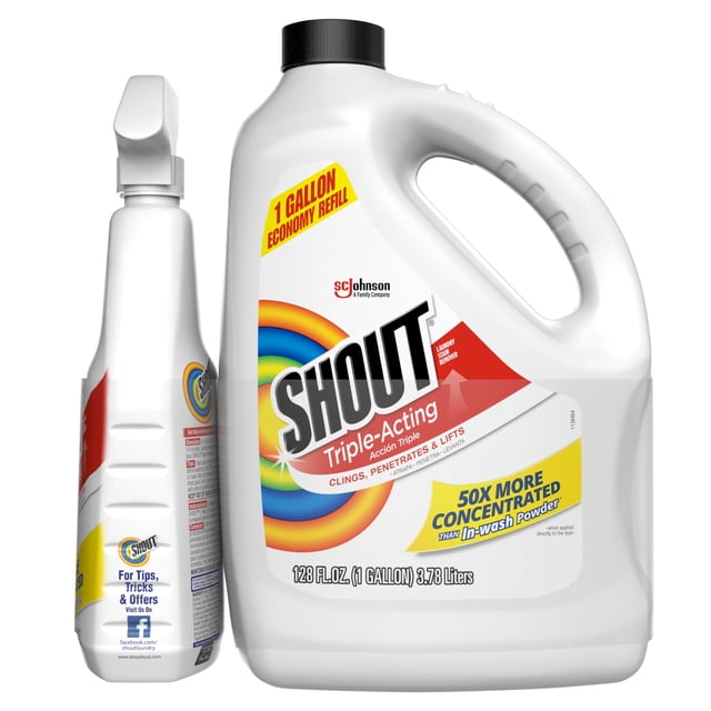 Shout Triple Acción Quitamanchas Líquido para Telas, Kit Galón 3.78L y Atomizador 650ml