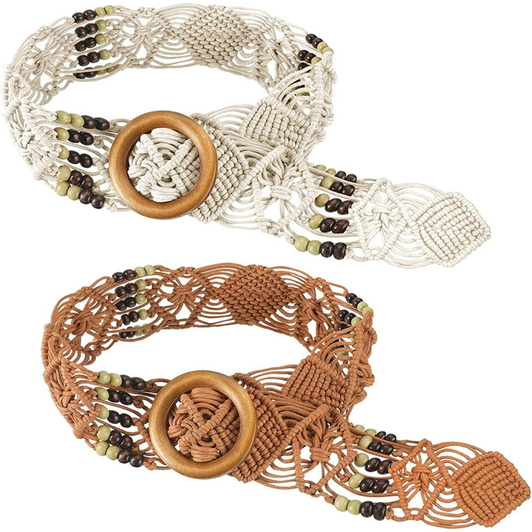 PIKADINGNIS 2 Pieces Bohemian Rope Belt for Women Braid Waist Belt Woven  Western Tassel Belt for Dresses Party Cord Belts 