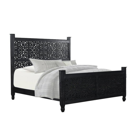 Taran Designs Monte Floral Carved Solid Wood King Panel Bed in Black