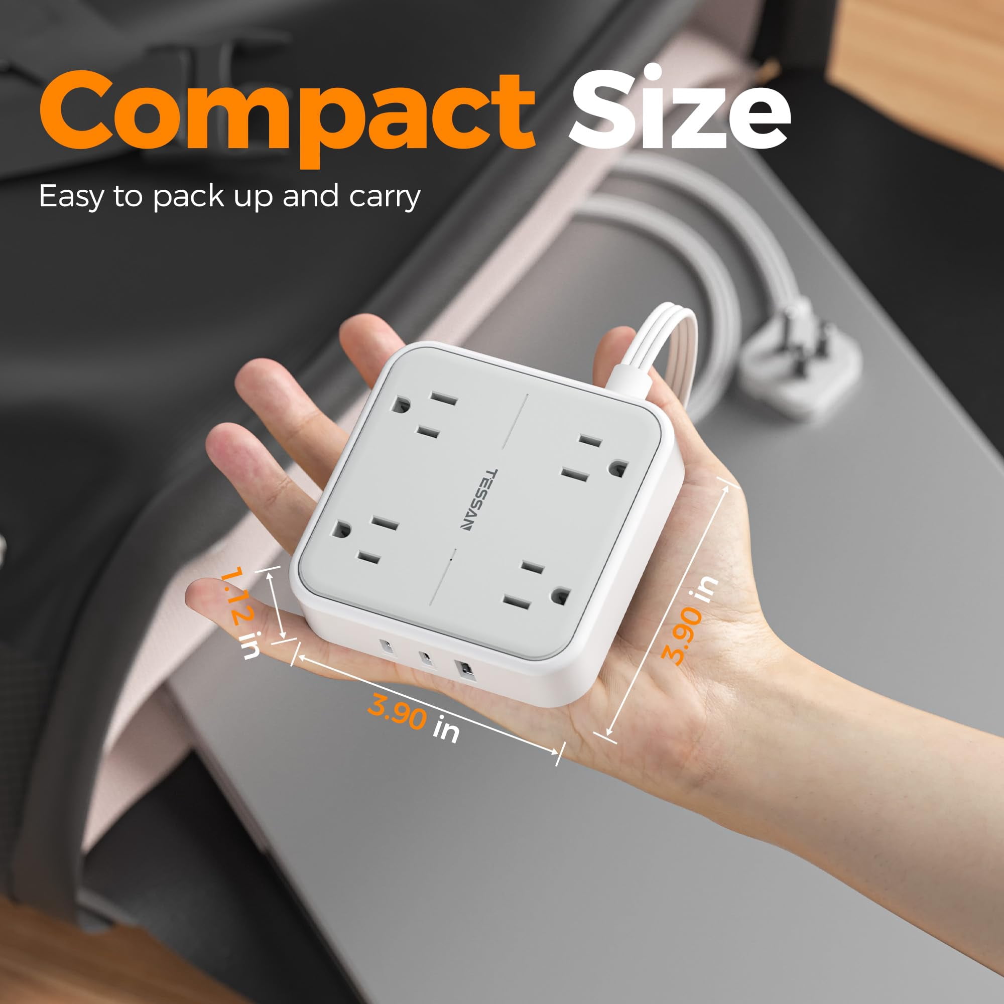 Surge Protector Flat Extension Cord 5ft  Plug Power Strip With 4 Outlets 3 Usb Ports (2 C) 900 Joules Protection Multiple Wall Outlet Extender Suitable For Home Office Dorm Grey