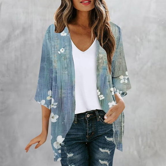 Sakmal Spring Coats for Women Elbow-Length Lightweight Cover-Up Cardigan Floral Loose Fit Jackets for Women Plus Size