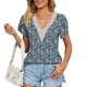 thumbnail image 1 of Blusa de encaje de guipur con flores azules, escote en V y mangas cortas tipo pétalo, perfecta para citas de mujeres, 1 of 6