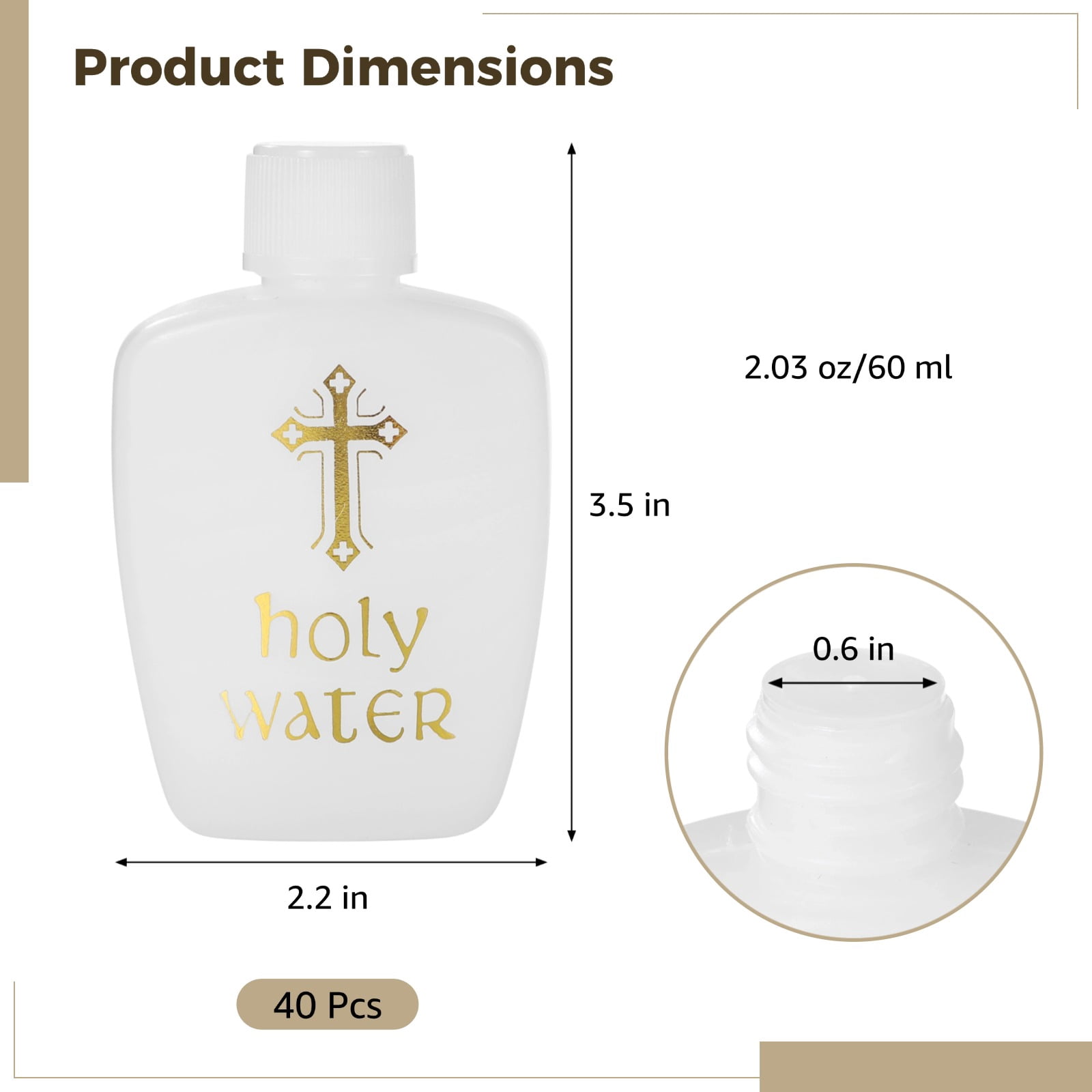 40 Pcs Holy Water Bottles, 2.03 oz/60 ml White Plastic Bottles with Cross Design, Reusable Empty Water Containers for Religious Ceremonies, Baptism Parties, Personal Use, and Church Services