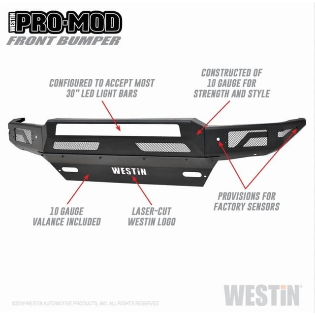 Westin Automotive Bumper 58-41005 Pro-Mod; Modular Design; Direct-Fit; Mounting Hardware Included; Without Grille Guard; Without Winch Mount; Without D-Ring Mounts; With 30 Inch Light Bar Mount