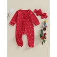 thumbnail image 2 of ZINTAOZT Newborn Baby Girls Christmas Outfit Tree Print Ruffle Footies Romper Long Sleeve Zipper Jumpsuit Headband Set, 2 of 8