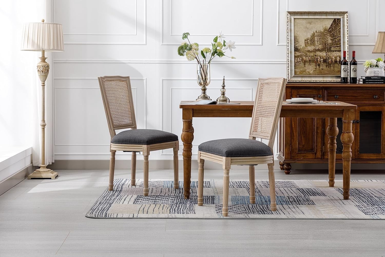 Sumdeal French Country Dining Chairs Set of 6, Farmhouse Dining Chairs with Square Backrest, Upholstered Rattan Dining Chair with Solid Wood Leg for Dining Room Bedroom Kitchen Restaurant